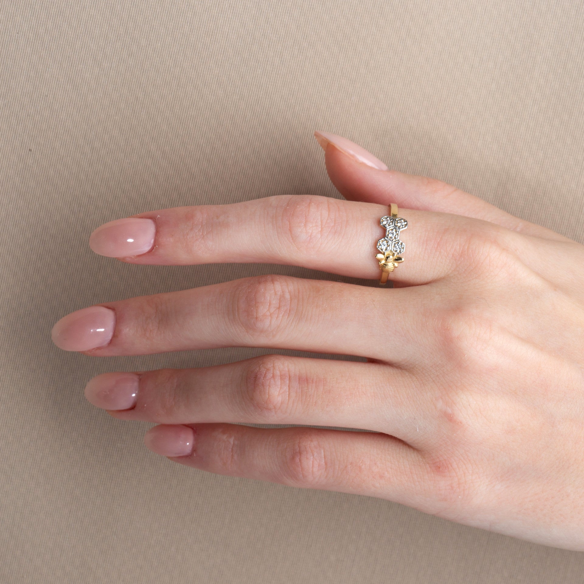 Two-Tone Gold Studded Honeycomb Bumble Bee Ring (Available in Yellow/Rose/White Gold)
