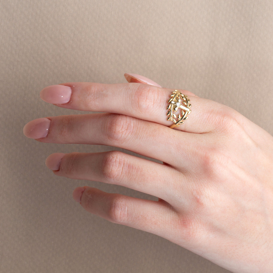 Gold Diamond Cross Olive Branch Vines Wraparound Ring (Available in Yellow/Rose/White Gold)