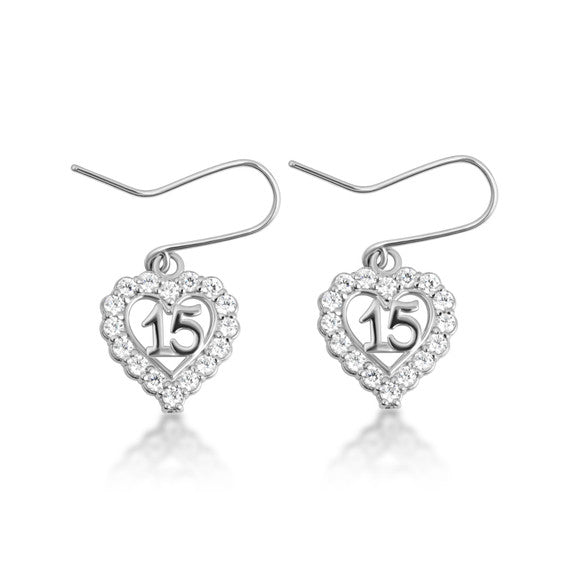 .925 Sterling Silver 15 Años Quinceañera Cubic Zirconia Heart Leverback Earrings