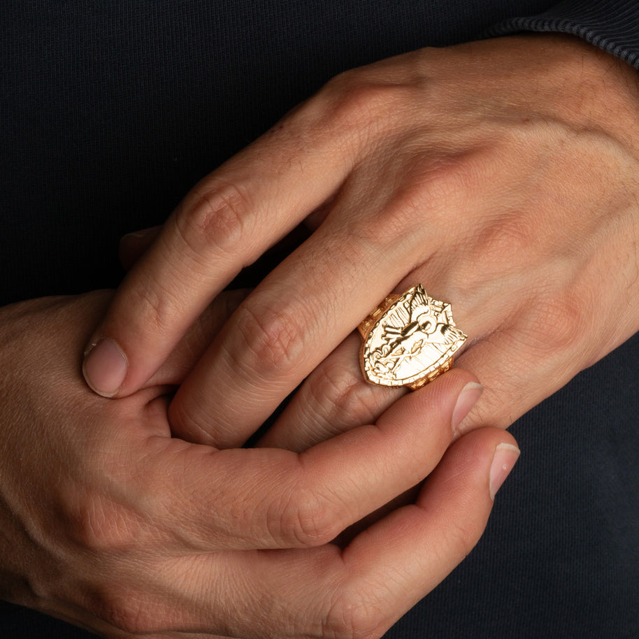 Gold Saint Michael Archangel Shield Signet Ring (Available in Yellow/Rose/White Gold)