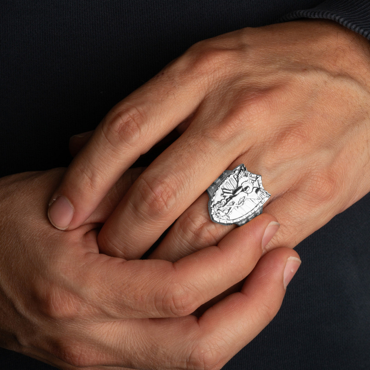 .925 Sterling Silver Saint Michael Archangel Shield Signet Ring
