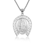 .925 Sterling Silver Lady Of Guadalupe Filigree Horseshoe Pendant Necklace (Available in Small/Large)