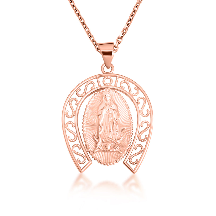 Gold Lady Of Guadalupe Filigree Horseshoe Pendant Necklace (Available in Small/Large & Yellow/Rose/White Gold)