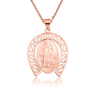 Gold Lady Of Guadalupe Filigree Horseshoe Pendant Necklace (Available in Small/Large & Yellow/Rose/White Gold)