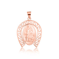 Gold Lady Of Guadalupe Filigree Horseshoe Pendant Necklace (Available in Small/Large & Yellow/Rose/White Gold)