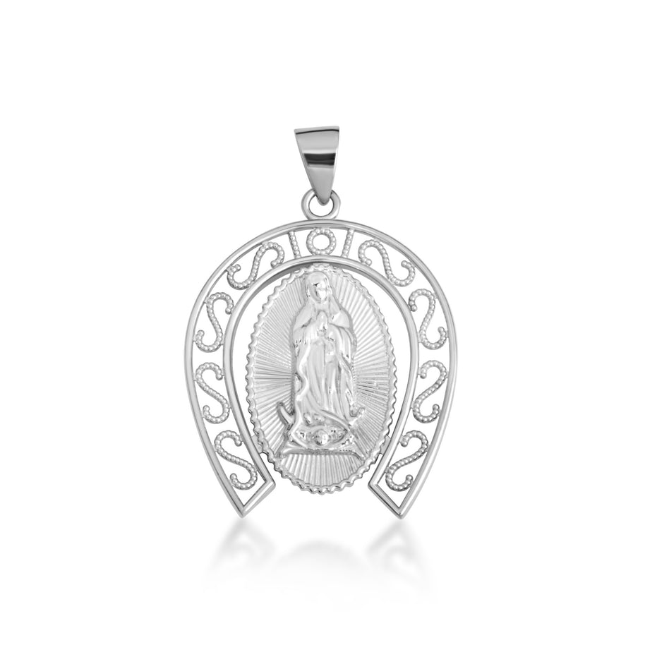 .925 Sterling Silver Lady Of Guadalupe Filigree Horseshoe Pendant Necklace (Available in Small/Large)