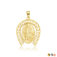 Gold Lady Of Guadalupe Filigree Horseshoe Pendant Necklace (Available in Small/Large & Yellow/Rose/White Gold)