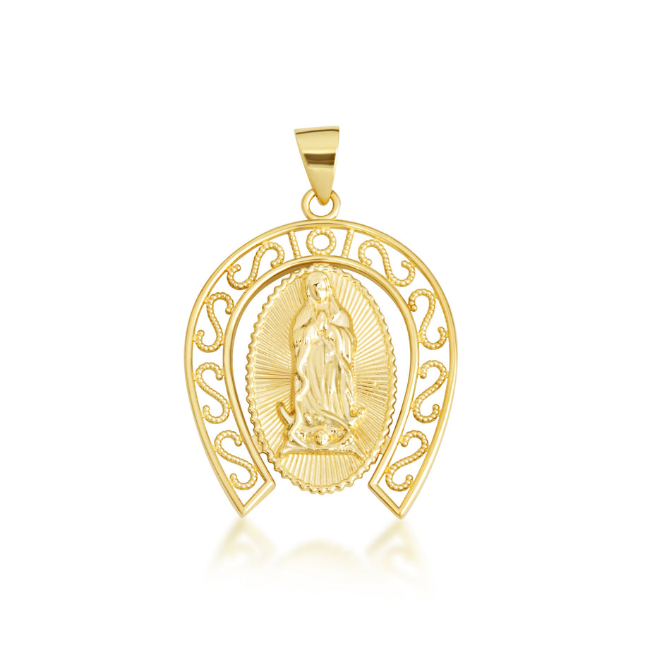 Gold Lady Of Guadalupe Filigree Horseshoe Pendant Necklace (Available in Small/Large & Yellow/Rose/White Gold)