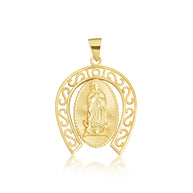 Gold Lady Of Guadalupe Filigree Horseshoe Pendant Necklace (Available in Small/Large & Yellow/Rose/White Gold)