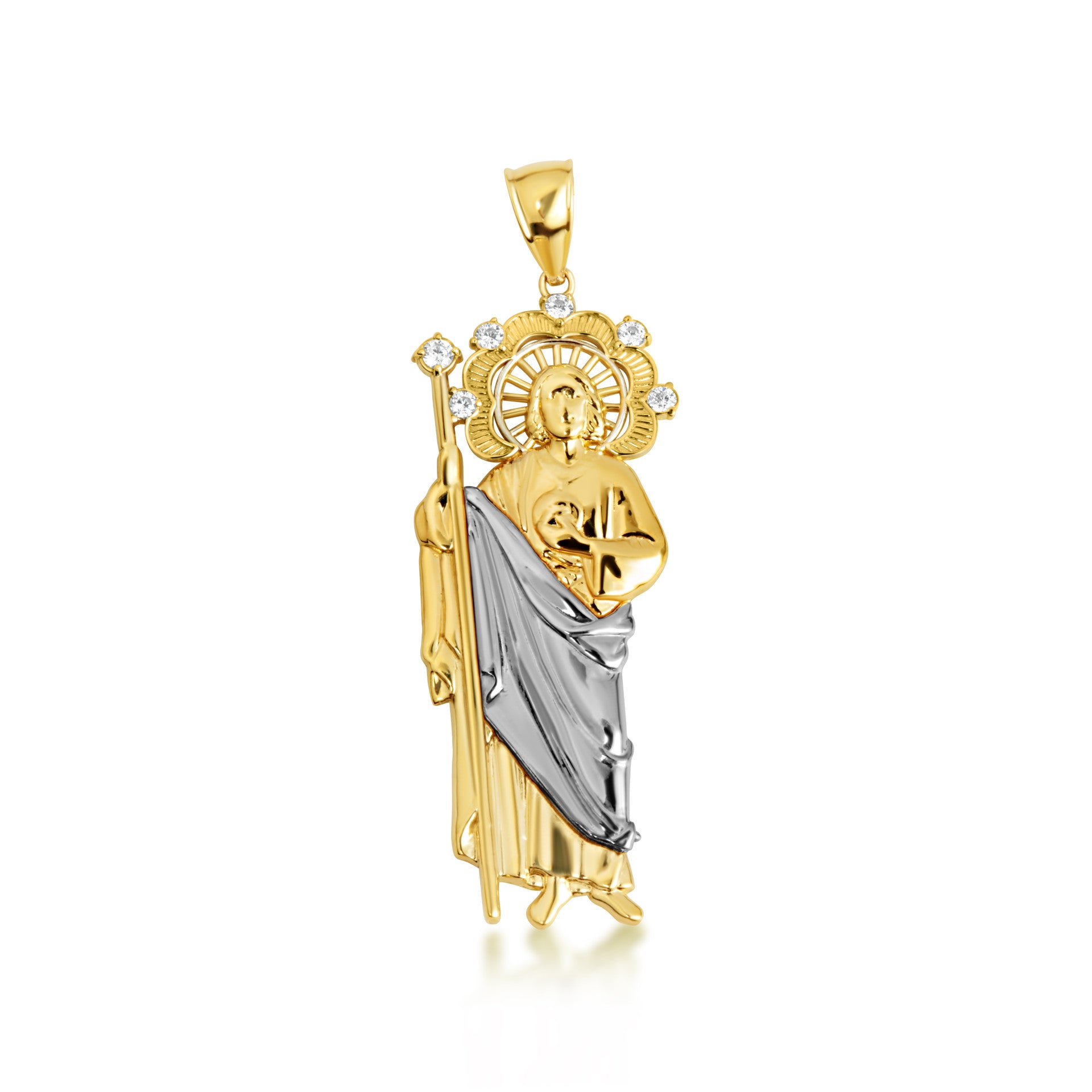 Tri-Color Gold Saint Jude Halo Studded Pendant Necklace (Available in Small/Medium/Large & Tri-Tone/Two-Tone/White Gold)