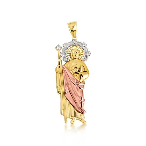 Tri-Color Gold Saint Jude Halo Studded Pendant Necklace (Available in Small/Medium/Large & Tri-Tone/Two-Tone/White Gold)