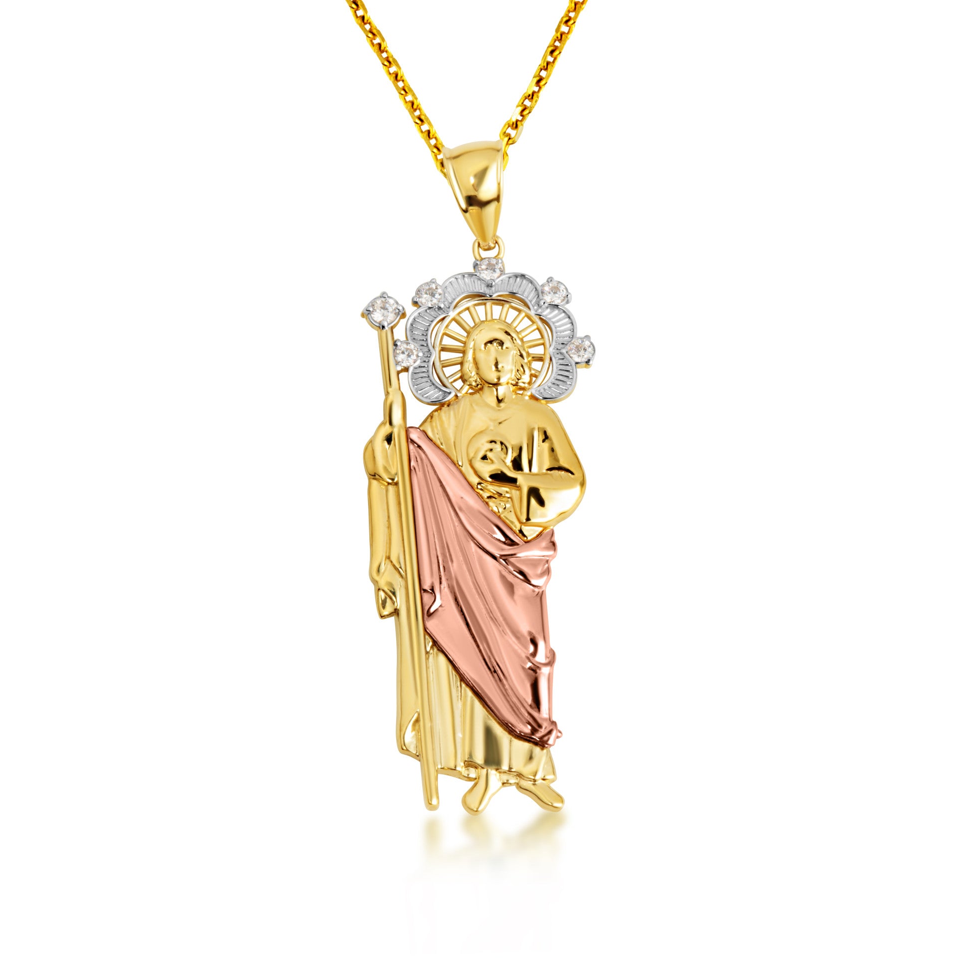 Tri-Color Gold Saint Jude Halo Studded Pendant Necklace (Available in Small/Medium/Large & Tri-Tone/Two-Tone/White Gold)