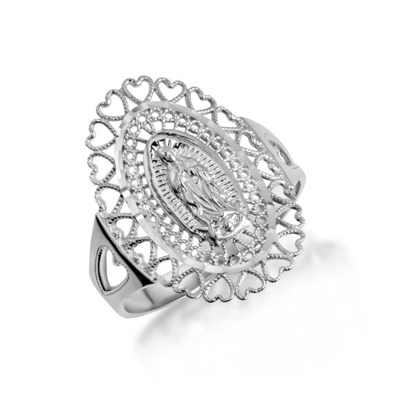 Tri-Color Gold Lady Of Guadalupe Sacred Heart Oval Medallion Ring (Available in Yellow/Rose/White Gold)