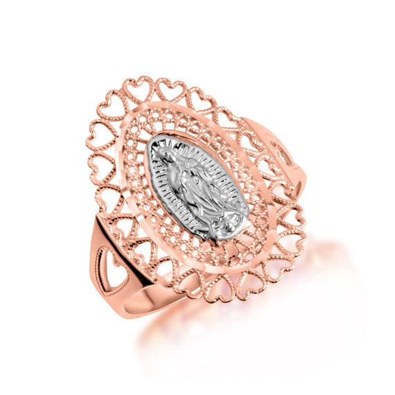 Tri-Color Gold Lady Of Guadalupe Sacred Heart Oval Medallion Ring (Available in Yellow/Rose/White Gold)