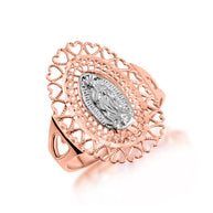 Tri-Color Gold Lady Of Guadalupe Sacred Heart Oval Medallion Ring (Available in Yellow/Rose/White Gold)