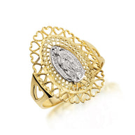 Tri-Color Gold Lady Of Guadalupe Sacred Heart Oval Medallion Ring (Available in Yellow/Rose/White Gold)