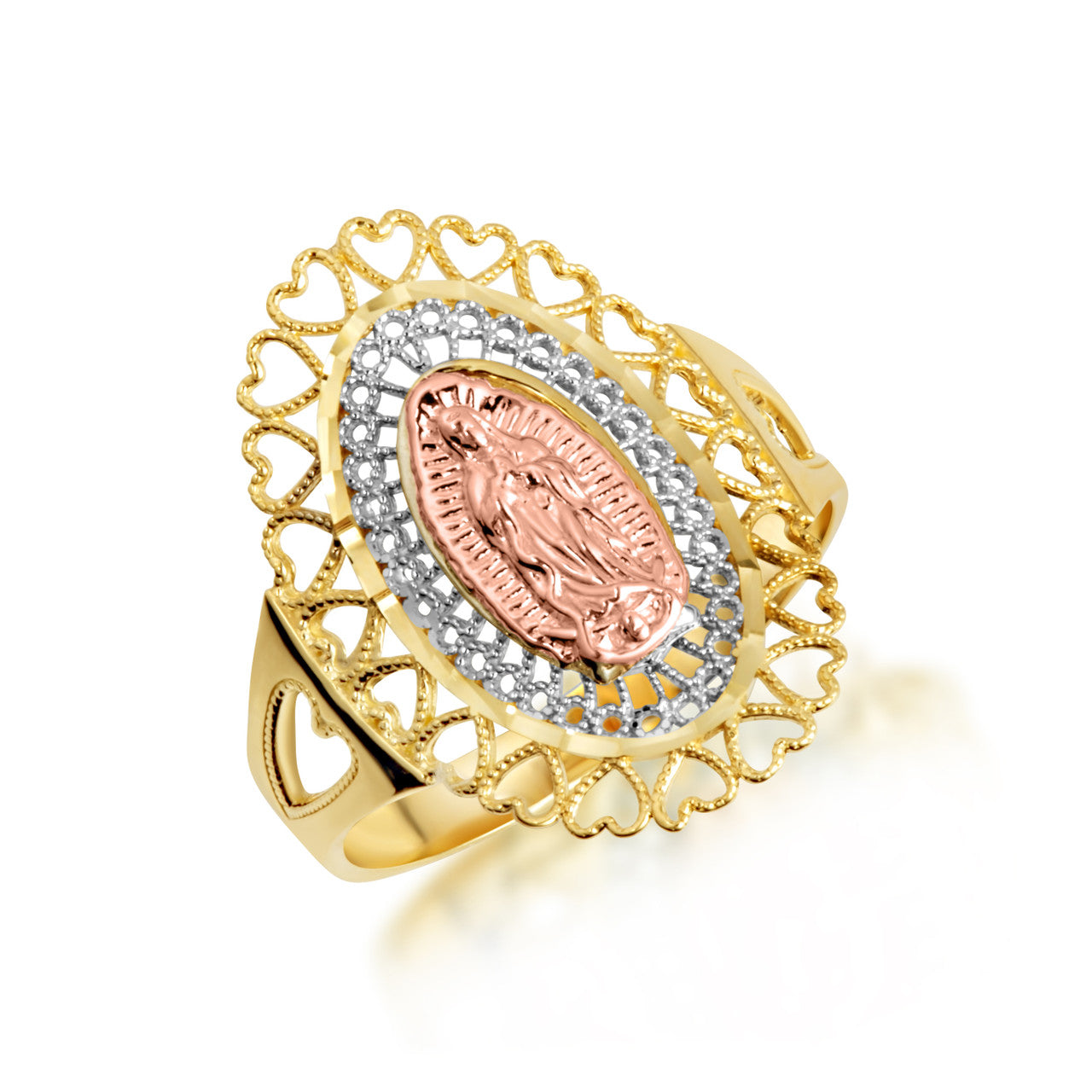Tri-Color Gold Lady Of Guadalupe Sacred Heart Oval Medallion Ring (Available in Yellow/Rose/White Gold)