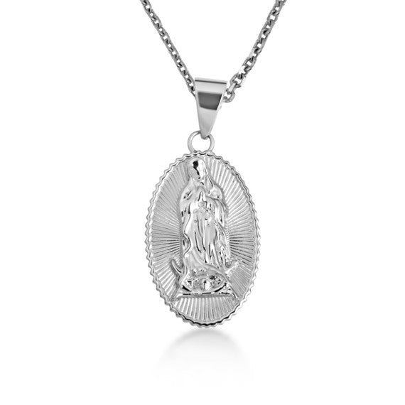 .925 Sterling Silver Lady Of Guadalupe Sacred Oval Medallion Pendant Necklace (Available in Small/Large)