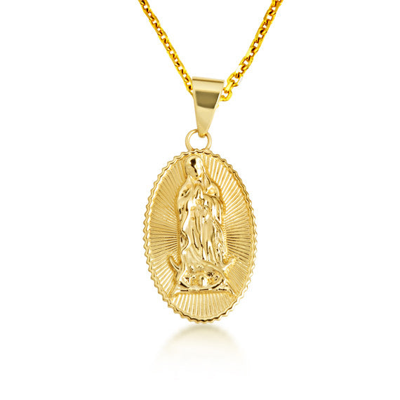 Gold Lady Of Guadalupe Sacred Oval Medallion Pendant Necklace (Available in Small/Large & Yellow/Rose/White Gold)