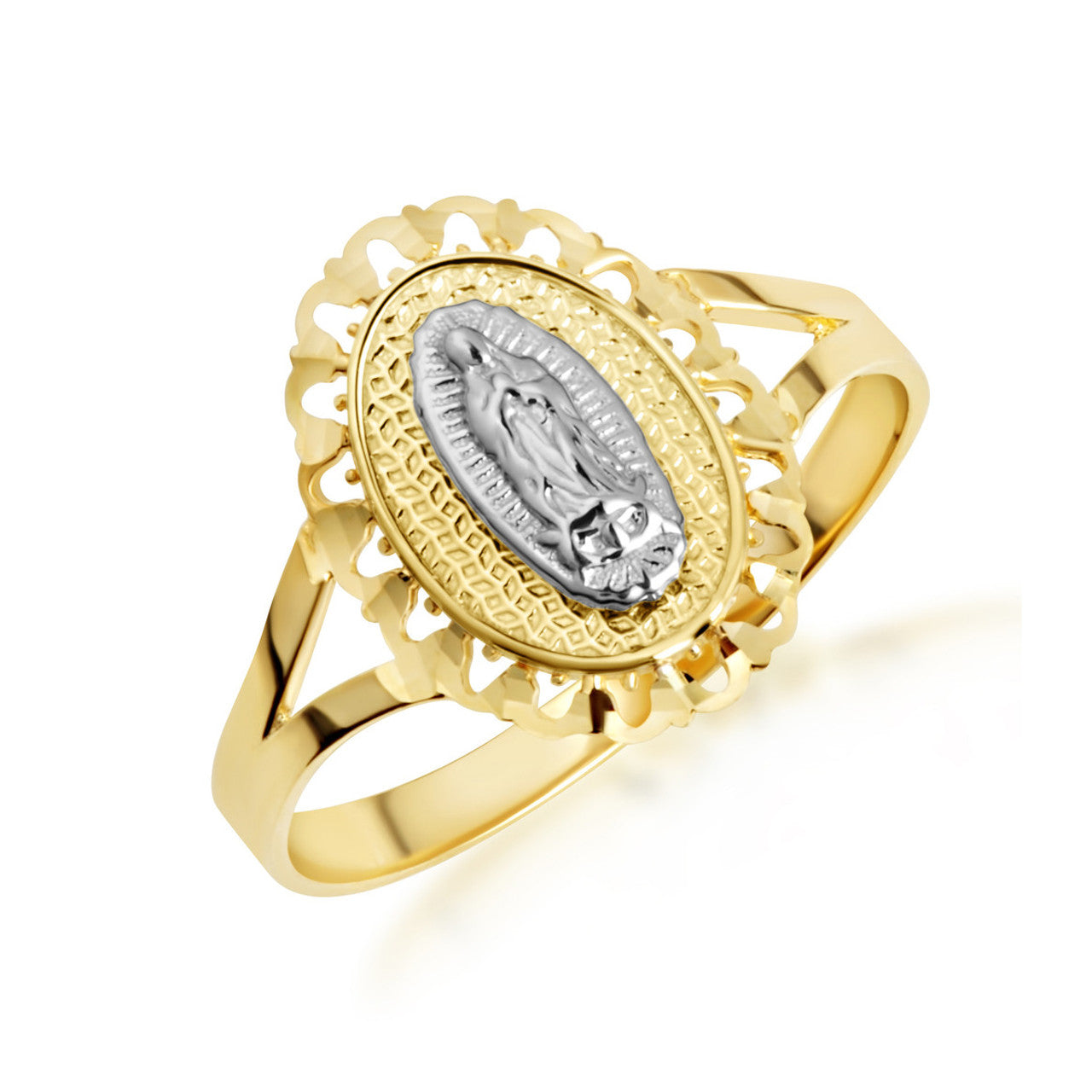 Tri-Color Gold Lady Of Guadalupe Sacred Oval Medallion Ring (Available in Yellow/Rose/White Gold)