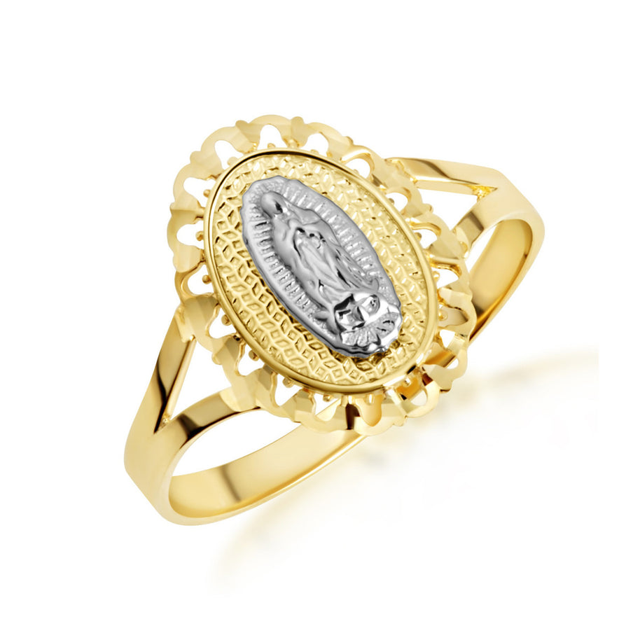 Tri-Color Gold Lady Of Guadalupe Sacred Oval Medallion Ring (Available in Yellow/Rose/White Gold)