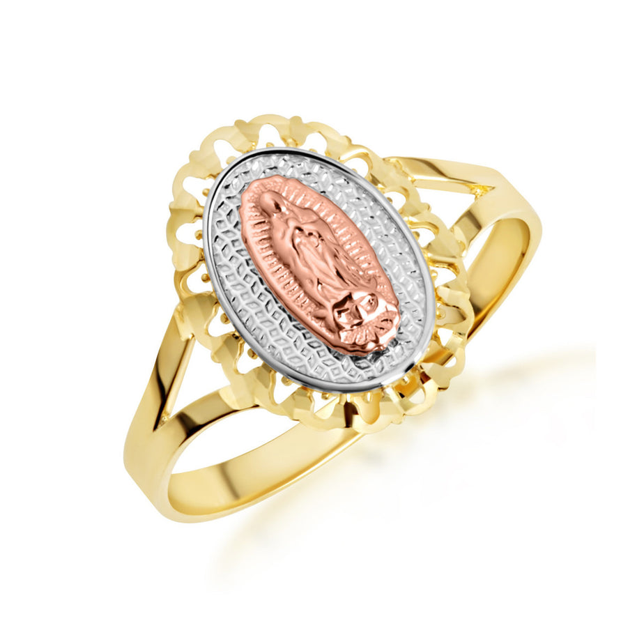 Tri-Color Gold Lady Of Guadalupe Sacred Oval Medallion Ring (Available in Yellow/Rose/White Gold)