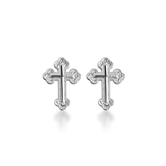 terling Silver Textured Sacred Cross Stud Earrings