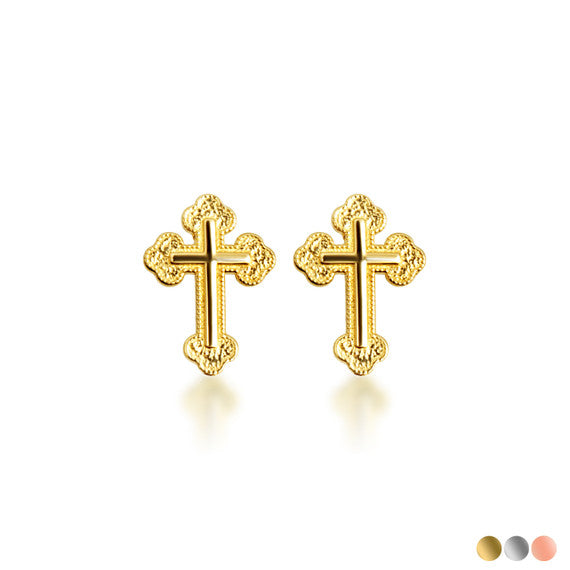 Gold Textured Sacred Cross Stud Earrings