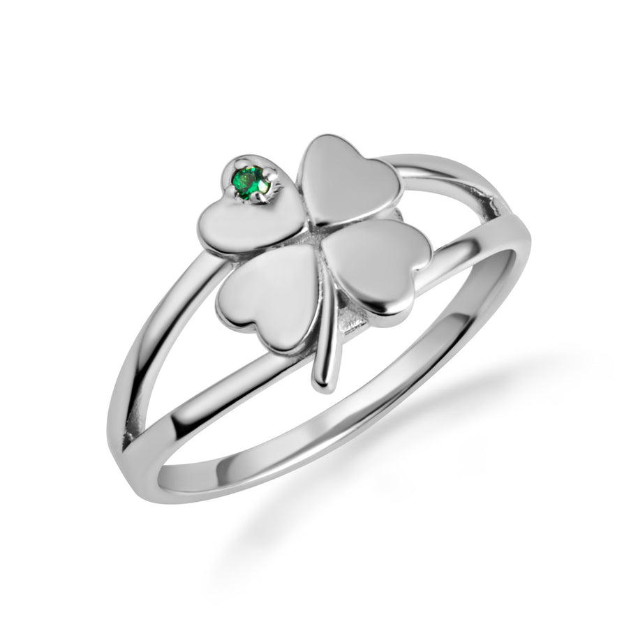 Gold Lucky 4 Leaf Clover Heart Genuine Emerald Gemstone Ring (Available in Yellow/Rose/White Gold)