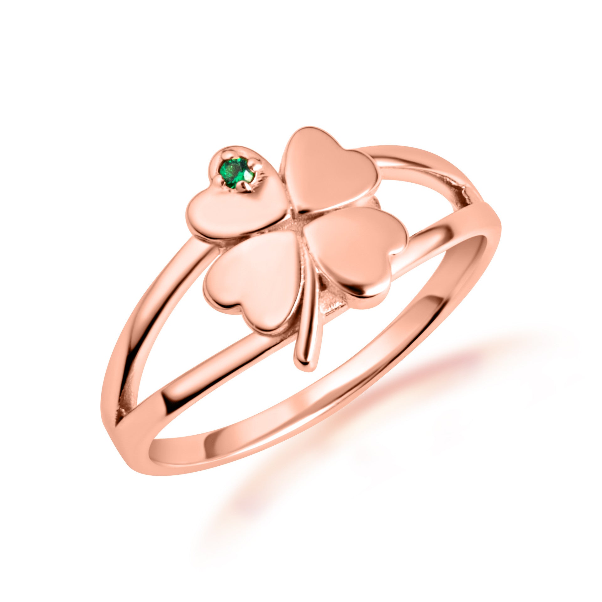 Gold Lucky 4 Leaf Clover Heart Genuine Emerald Gemstone Ring (Available in Yellow/Rose/White Gold)