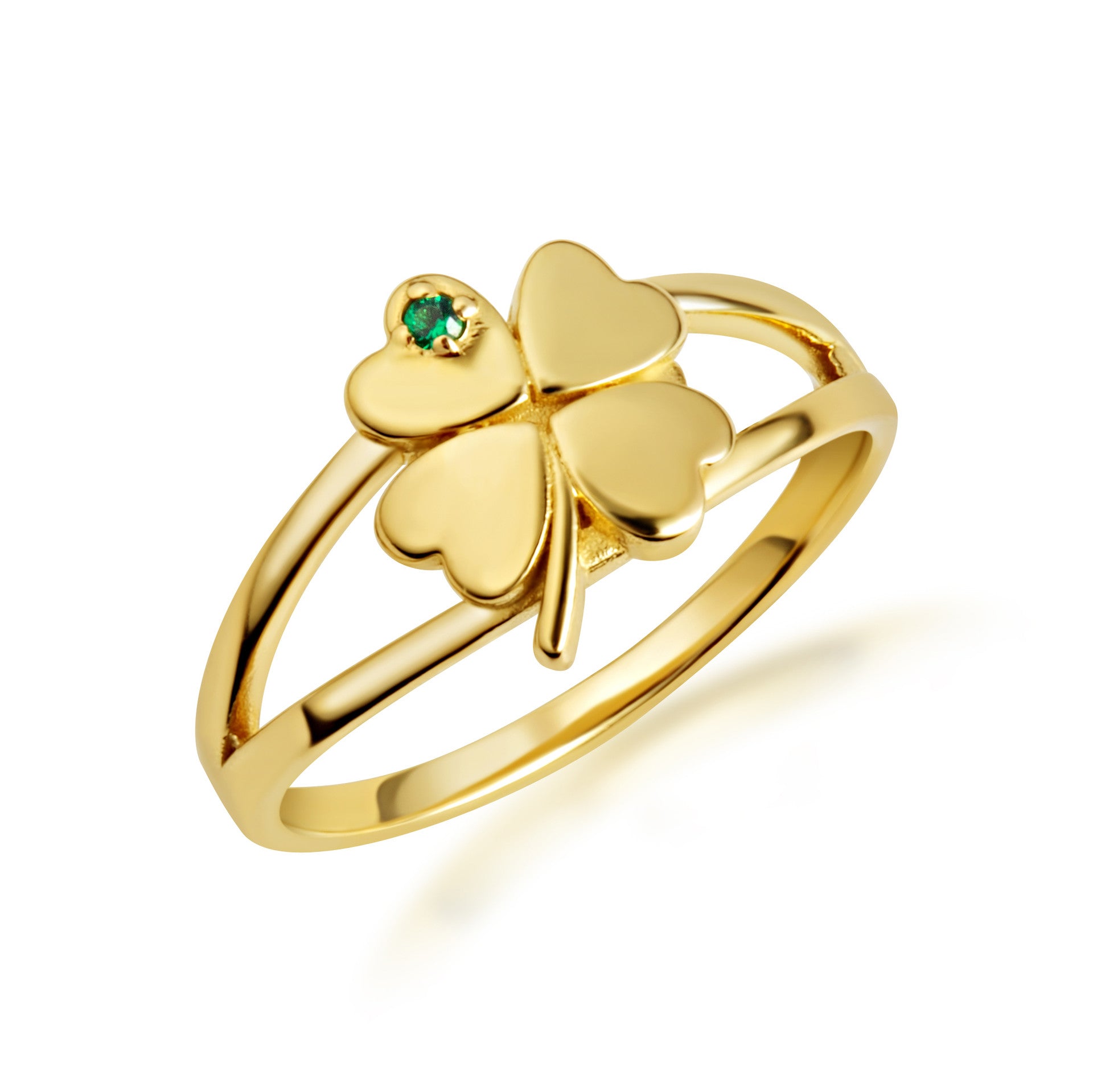 Gold Lucky 4 Leaf Clover Heart Genuine Emerald Gemstone Ring (Available in Yellow/Rose/White Gold)