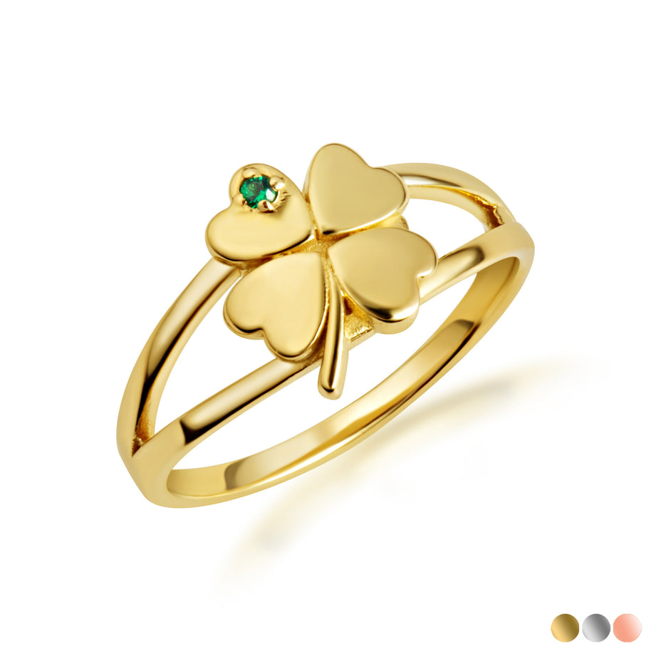 Gold Lucky 4 Leaf Clover Heart Genuine Emerald Gemstone Ring (Available in Yellow/Rose/White Gold)