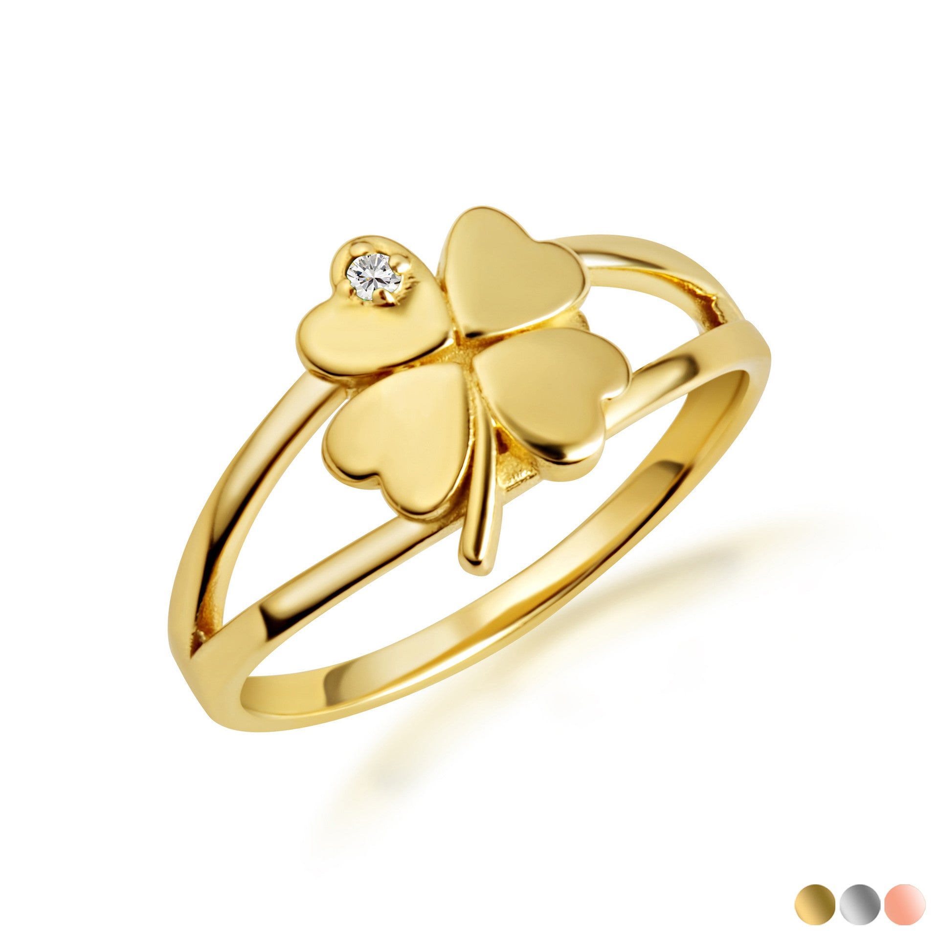 Gold Diamond Lucky 4 Leaf Clover Heart Ring (Available in Yellow/Rose/White Gold)