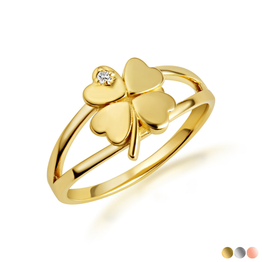 Gold Diamond Lucky 4 Leaf Clover Heart Ring (Available in Yellow/Rose/White Gold)
