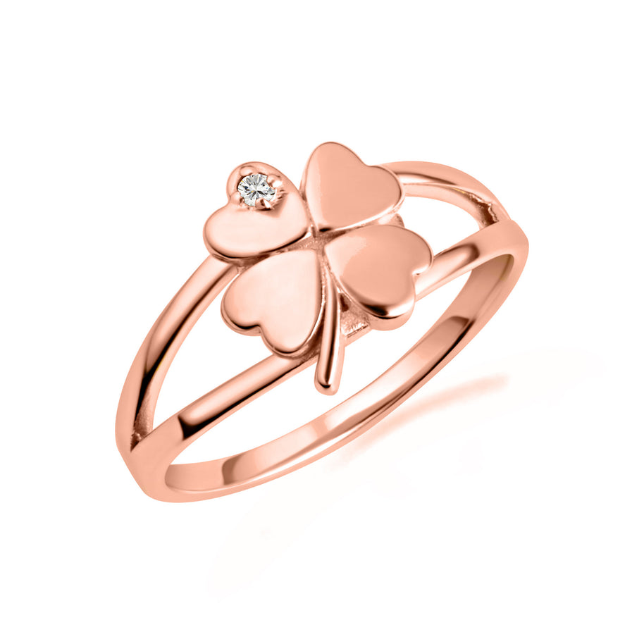 Gold Diamond Lucky 4 Leaf Clover Heart Ring (Available in Yellow/Rose/White Gold)