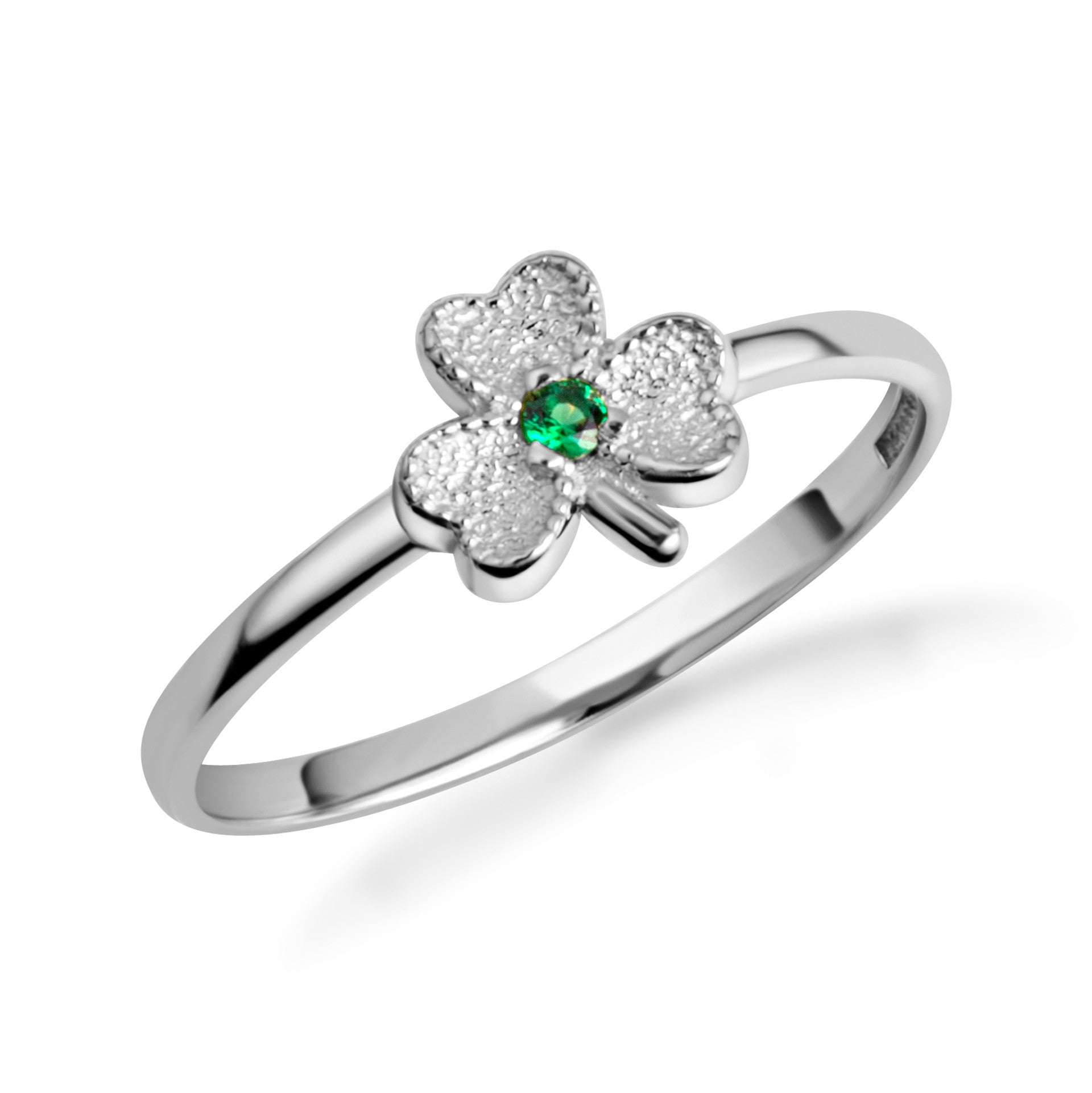 .925 Sterling Silver Emerald Birthstone Lucky 3 Leaf Clover Heart Ring