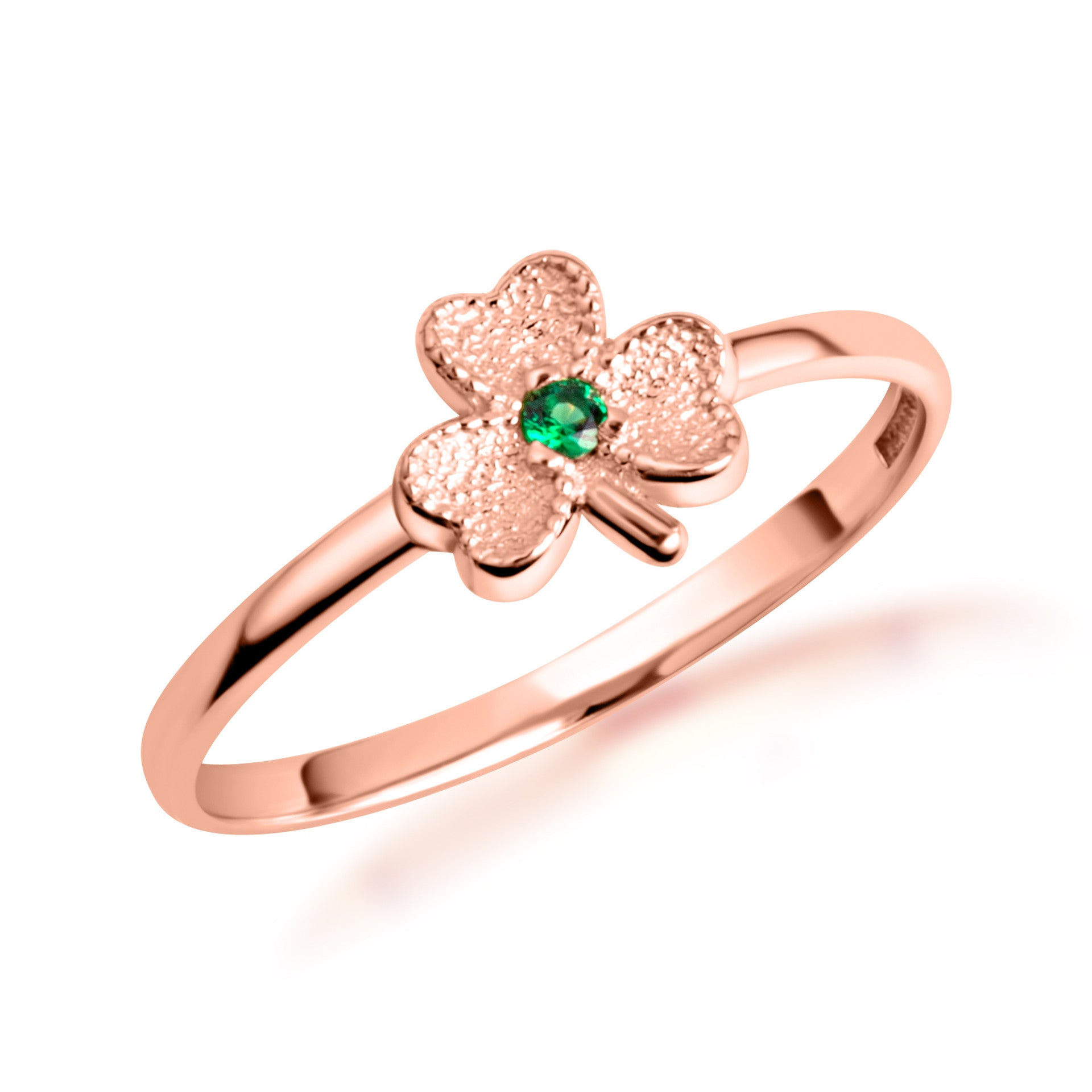Gold Emerald Lucky 3 Leaf Clover Heart Ring (Available in Yellow/Rose/White Gold)