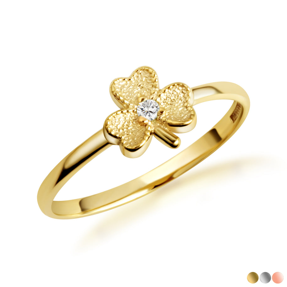 Gold Diamond Lucky 3 Leaf Clover Heart Ring (Available in Yellow/Rose/White Gold)