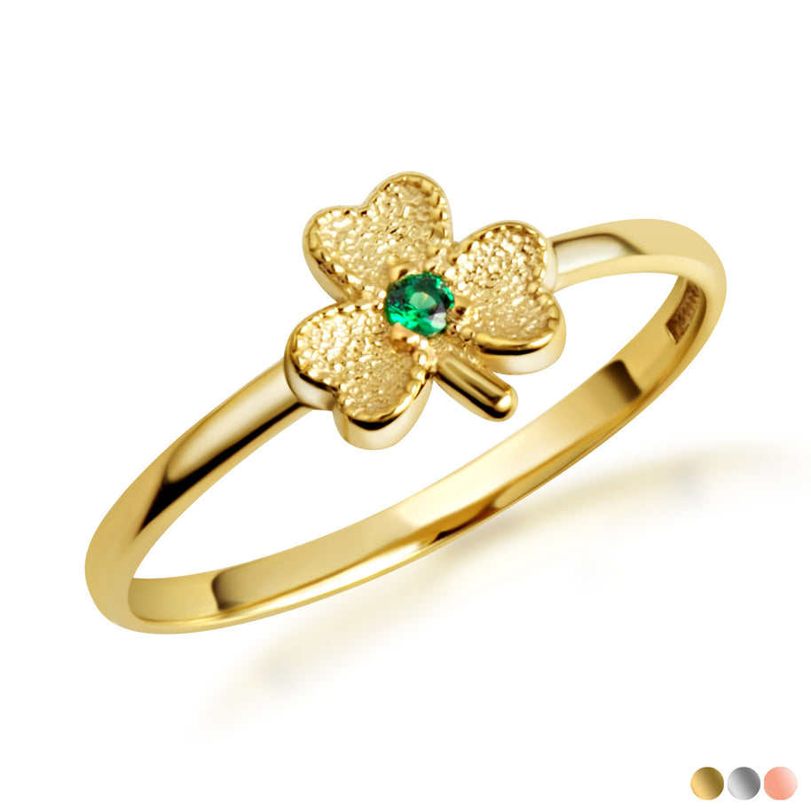 Gold Emerald Lucky 3 Leaf Clover Heart Ring (Available in Yellow/Rose/White Gold)