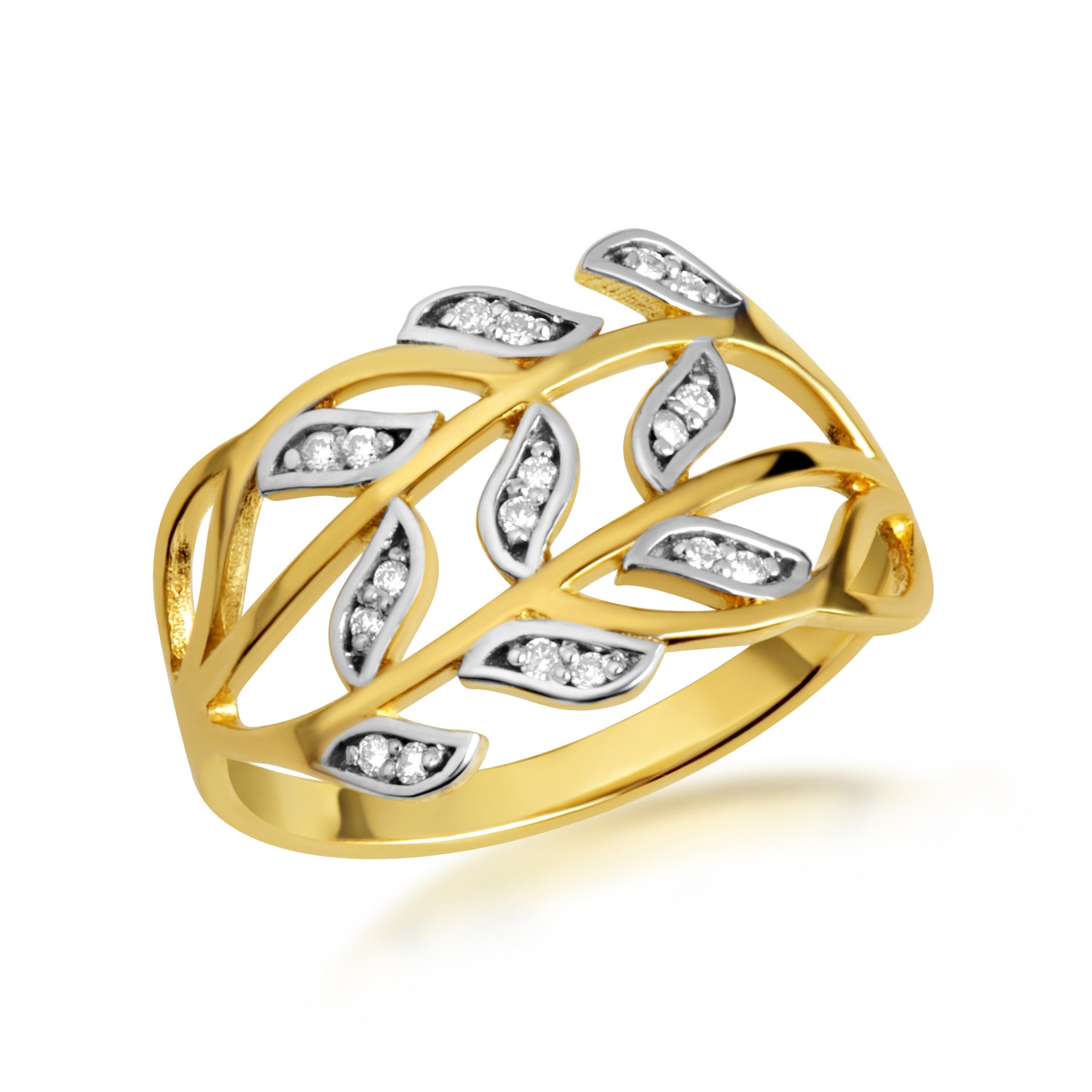 Two-Tone Gold Diamond Branch Twig Leaves Band Ring (Available in Yellow/Rose/White Gold)