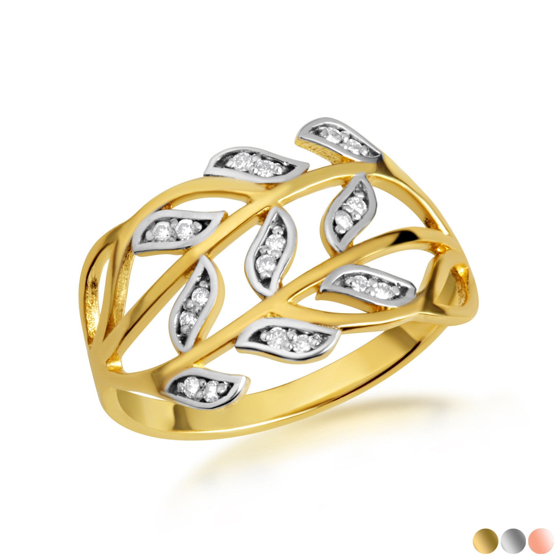 Two-Tone Gold Diamond Branch Twig Leaves Band Ring (Available in Yellow/Rose/White Gold)