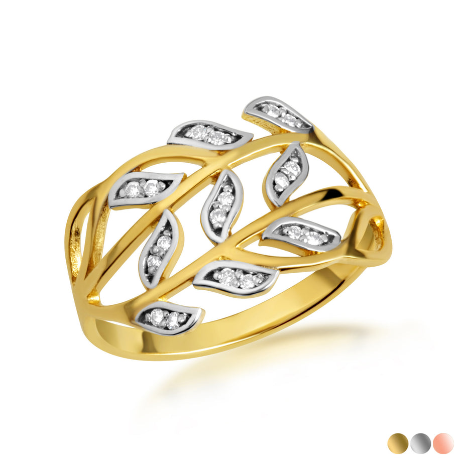 Two-Tone Gold Diamond Branch Twig Leaves Band Ring (Available in Yellow/Rose/White Gold)