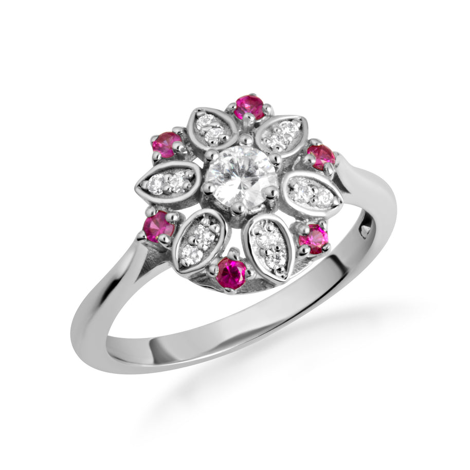 Two-Tone Gold Diamond Flower Ruby Gemstone Ring (Available in Yellow/Rose/White Gold)