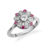 Two-Tone Gold Diamond Flower Ruby Gemstone Ring (Available in Yellow/Rose/White Gold)