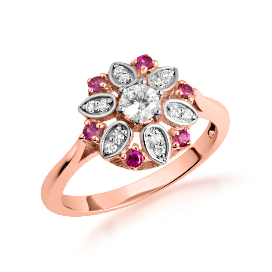 Two-Tone Gold Diamond Flower Ruby Gemstone Ring (Available in Yellow/Rose/White Gold)