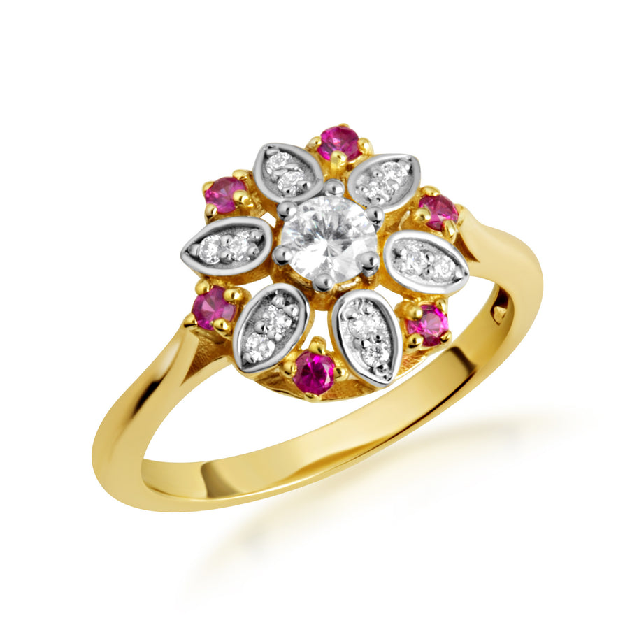 Two-Tone Gold Diamond Flower Ruby Gemstone Ring (Available in Yellow/Rose/White Gold)
