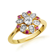 Two-Tone Gold Diamond Flower Ruby Gemstone Ring (Available in Yellow/Rose/White Gold)