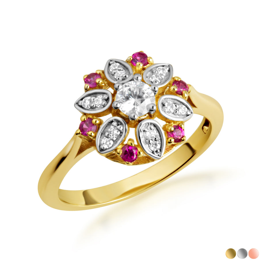 Two-Tone Gold Diamond Flower Ruby Gemstone Ring (Available in Yellow/Rose/White Gold)