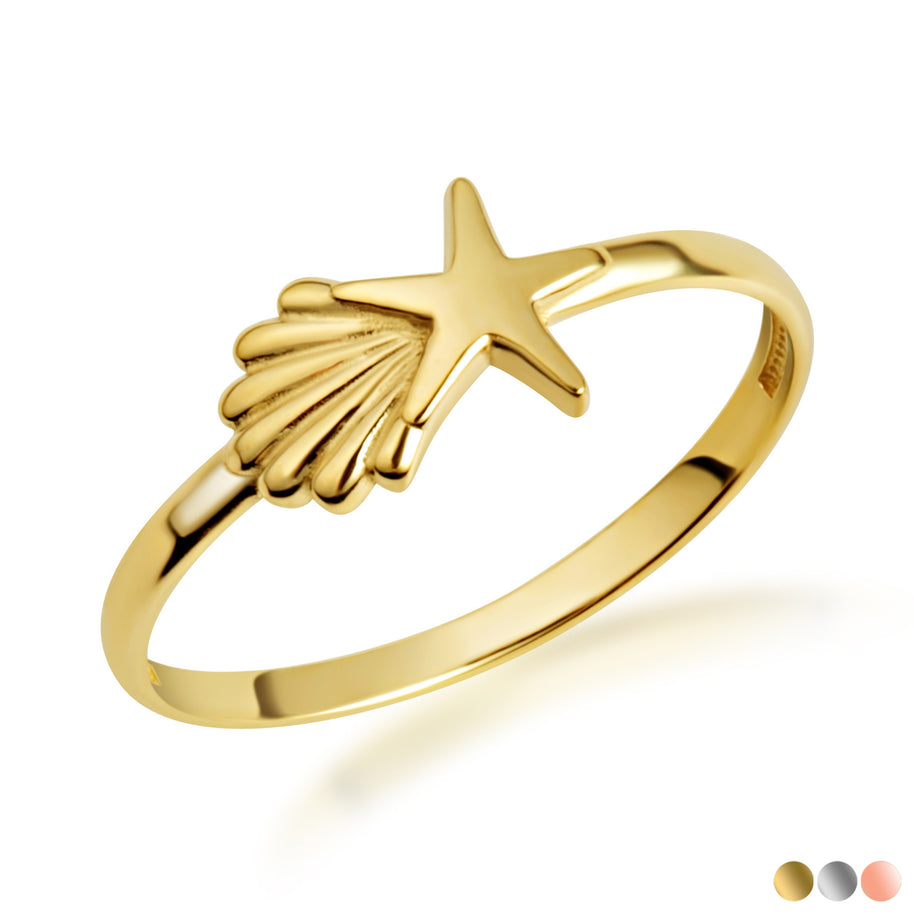Gold Starfish & Seashell Beach Ring (Available in Yellow/Rose/White Gold)