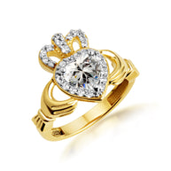 Yellow Gold Studded Irish Celtic Claddagh Crown Heart Birthstone Ring